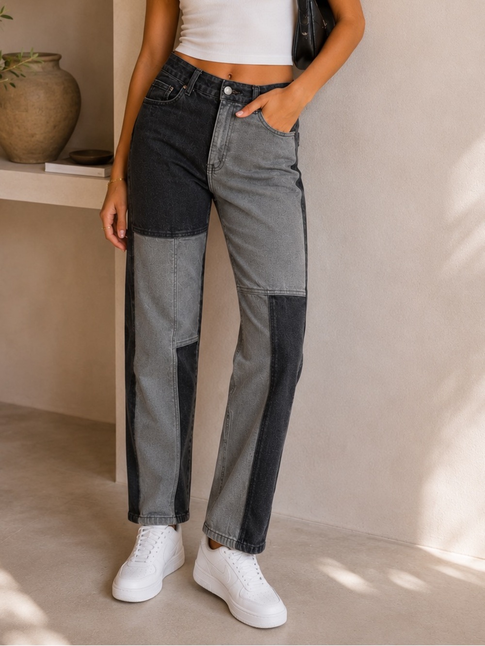 Liumilac Patchwork High Rise Straight Leg Denim Jeans Dark Wash Size 28 in Waist